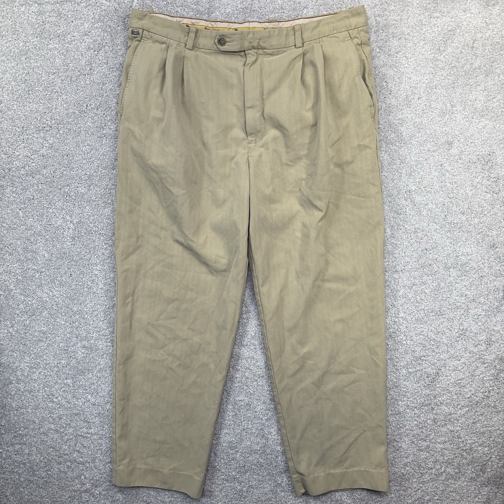 Tommy Bahama Mens Khaki Pleated Silk Blend Chino Pants Size 38x32 Herringbone